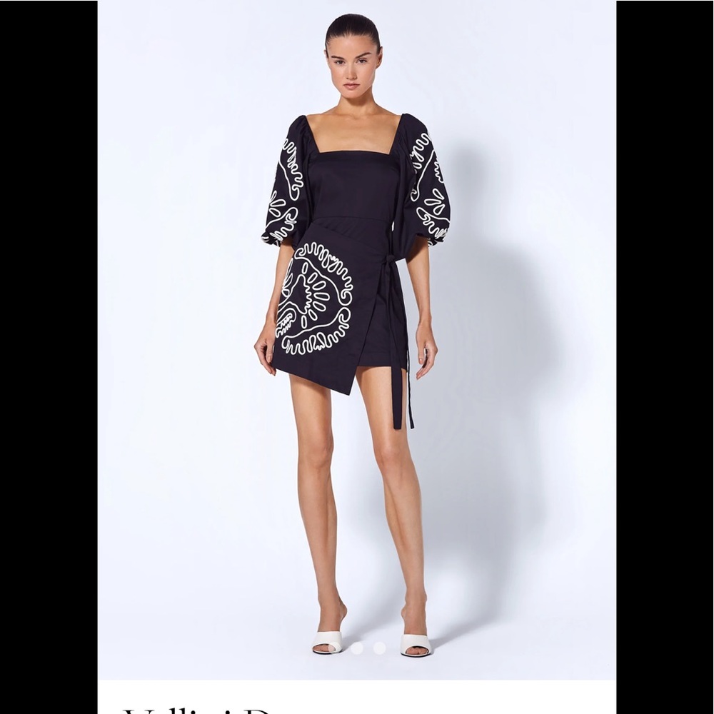 Alexis Black Mini Dress with White Embroidered Motifs